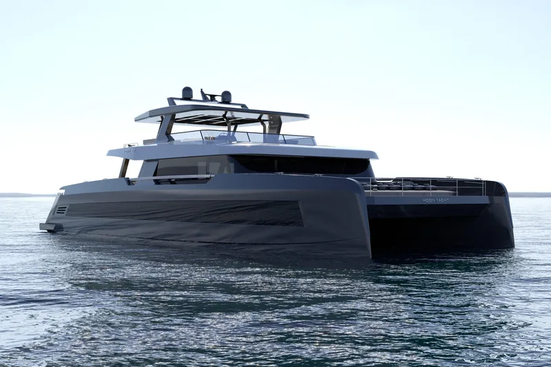 Slide: The Image of Luxurious 2027 Moon 9ty yacht cruising on calm waters, showcasing sleek modern design. - 19