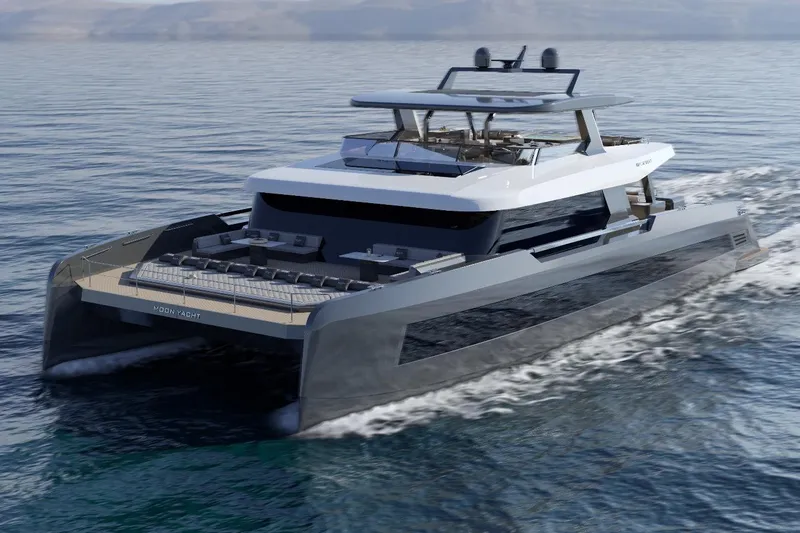 Slide: The Image of Luxurious 2027 Moon 9ty yacht cruising on open water, showcasing sleek modern design. - 2
