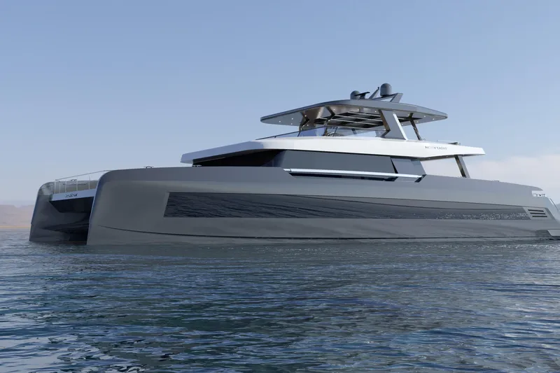 Slide: The Image of Futuristic 2027 Moon 9ty yacht on calm water, showcasing sleek design and modern architecture. - 23
