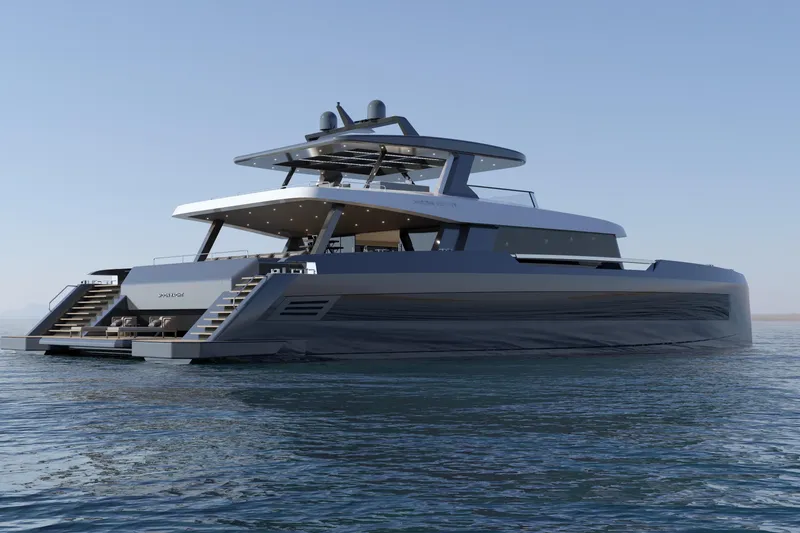 Slide: The Image of Luxurious 2027 Moon 9ty yacht on calm waters, showcasing sleek modern design. - 28