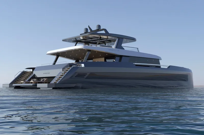 Slide: The Image of Luxurious Moon 9ty yacht from 2027 on calm waters, showcasing modern design. - 29