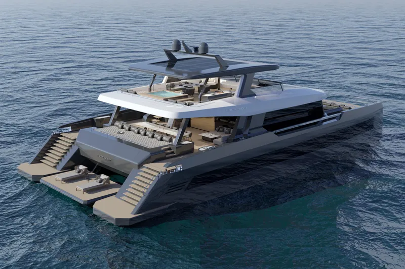 Slide: The Image of Luxurious 2027 Moon 9ty yacht on serene ocean waters, showcasing modern design and spacious decks. - 30