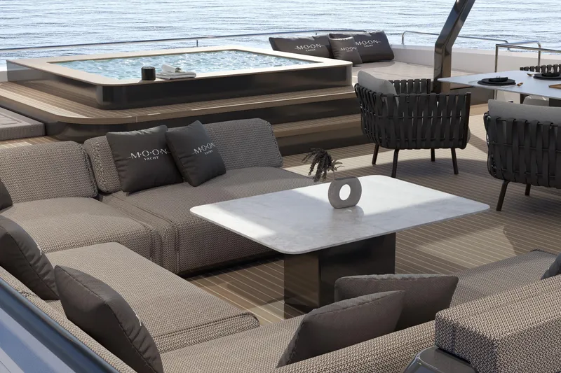 Slide: The Image of Luxurious Moon 9ty yacht deck with jacuzzi and elegant seating, 2027 model. - 36