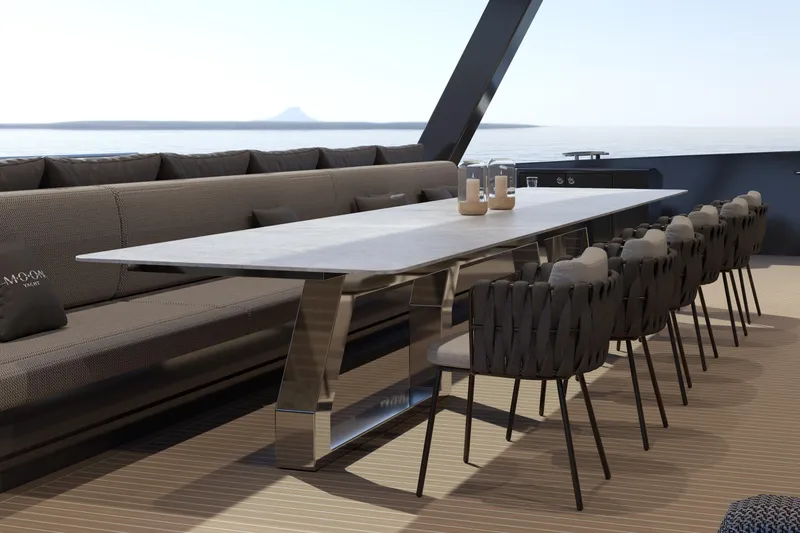Slide: The Image of Luxurious dining area on Moon 9ty yacht, featuring elegant table and chairs, 2027 model. - 38