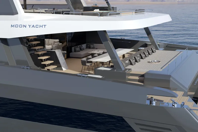 Slide: The Image of Luxurious Moon 9ty yacht, 2027 model, featuring elegant outdoor seating and modern design. - 39