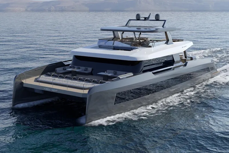 Slide: The Image of Luxurious 2027 Moon 9ty yacht cruising on open water, showcasing sleek modern design. - 4