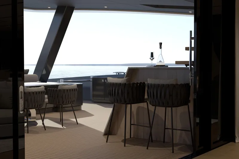 Slide: The Image of Luxurious yacht deck with modern seating and ocean view, Moon 9ty 2027 model. - 41