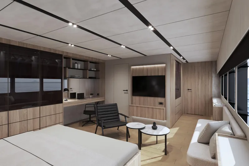 Slide: The Image of Luxurious modern yacht interior, Moon 9ty 2027, featuring sleek design, comfortable seating, and large windows. - 46