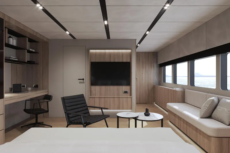 Slide: The Image of Luxurious interior of 2027 Moon 9ty yacht with modern furnishings and ocean view. - 48