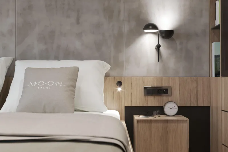 Slide: The Image of Modern bedroom interior on Moon 9ty yacht, featuring sleek design and ambient lighting, 2027 model. - 49