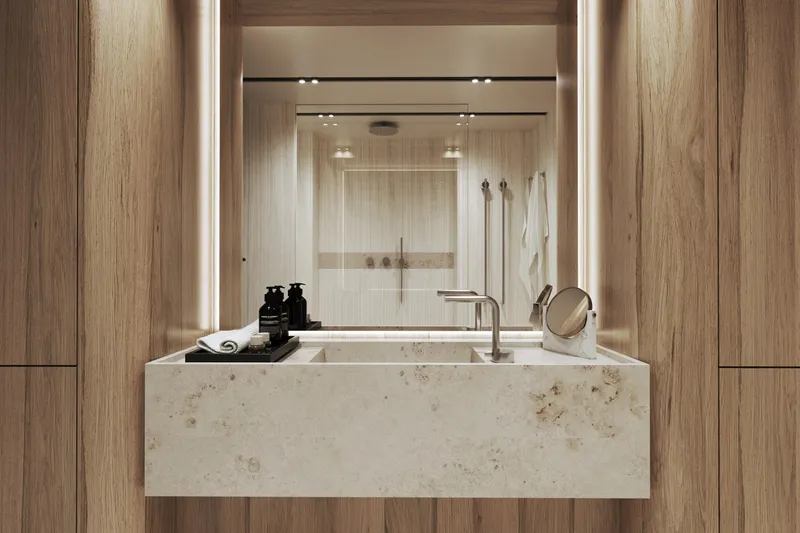 Slide: The Image of Modern bathroom with wooden accents, illuminated mirror, and sleek sink design in Moon 9ty, 2027. - 50