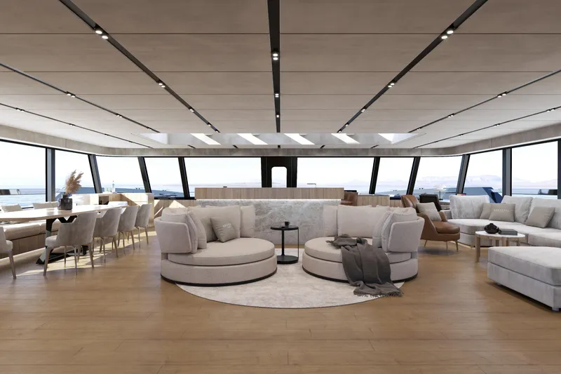Slide: The Image of Luxurious interior of 2027 Moon 9ty yacht with modern seating and panoramic windows. - 56