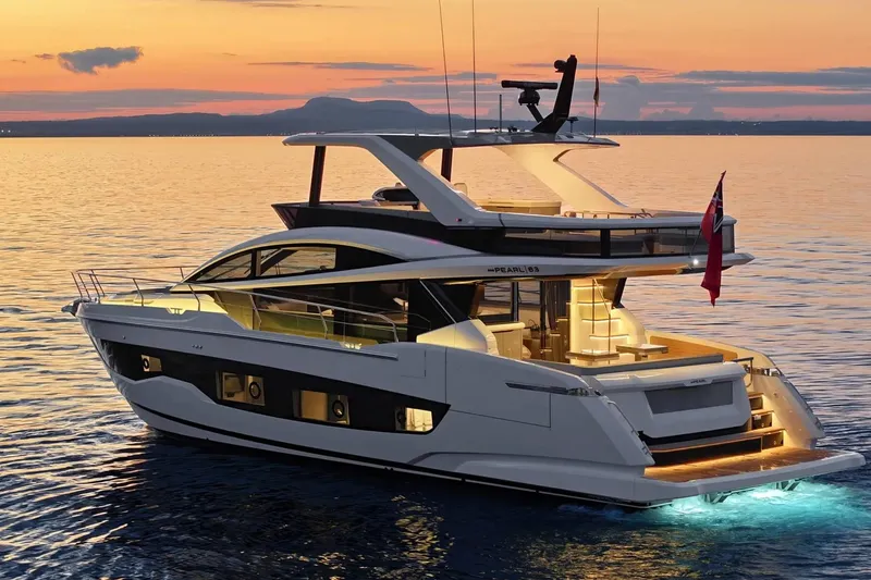 The Image of Luxury Pearl 63 yacht cruising near city skyline, 2025 model. - 1