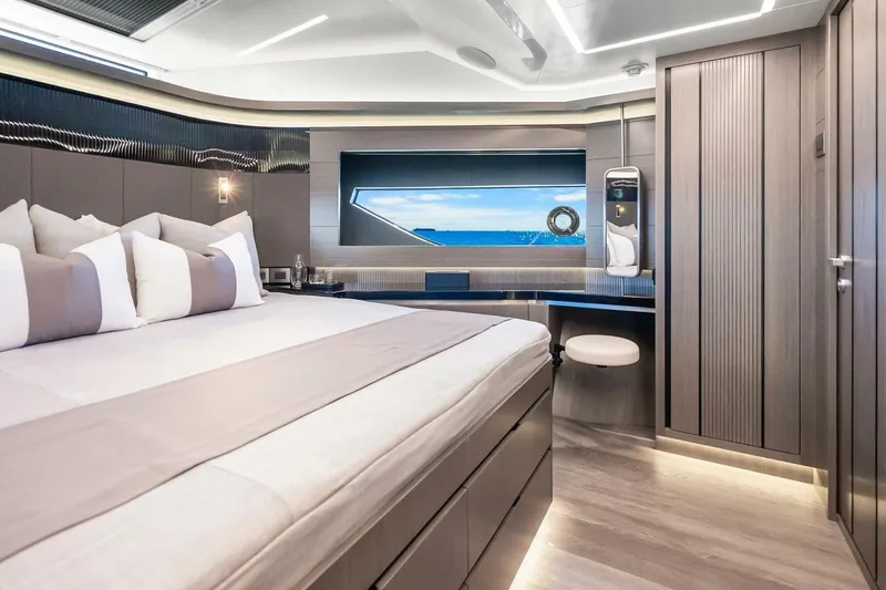 Slide: The Image of Luxurious interior of 2025 Pearl 63 yacht with modern design and ocean view. - 44