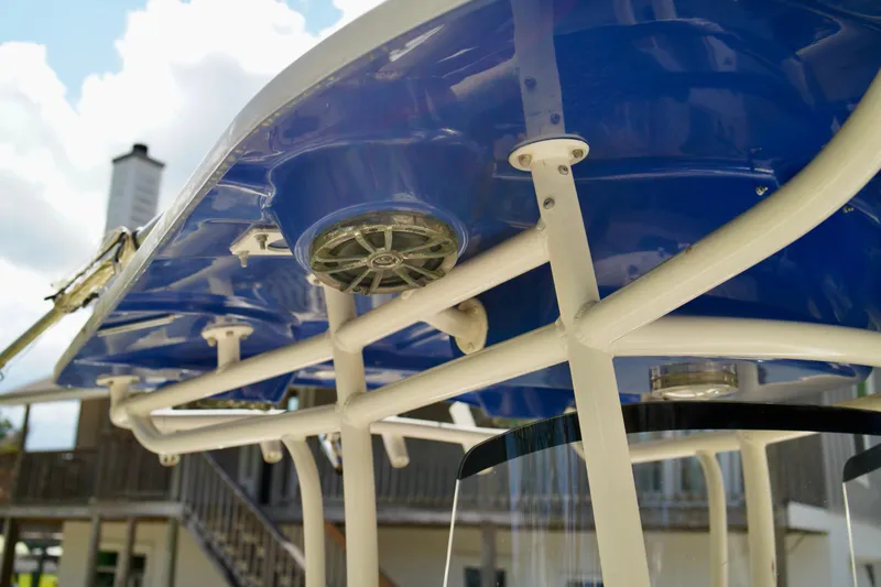 Slide: The Image of 2019 Carolina Skiff Sea Chaser 27 HFC boat canopy with speaker system. - 10