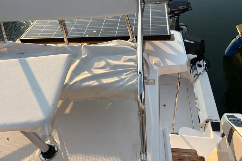 Slide: The Image of 2018 Cutwater C-30 CB boat deck with solar panels and seating area. - 59