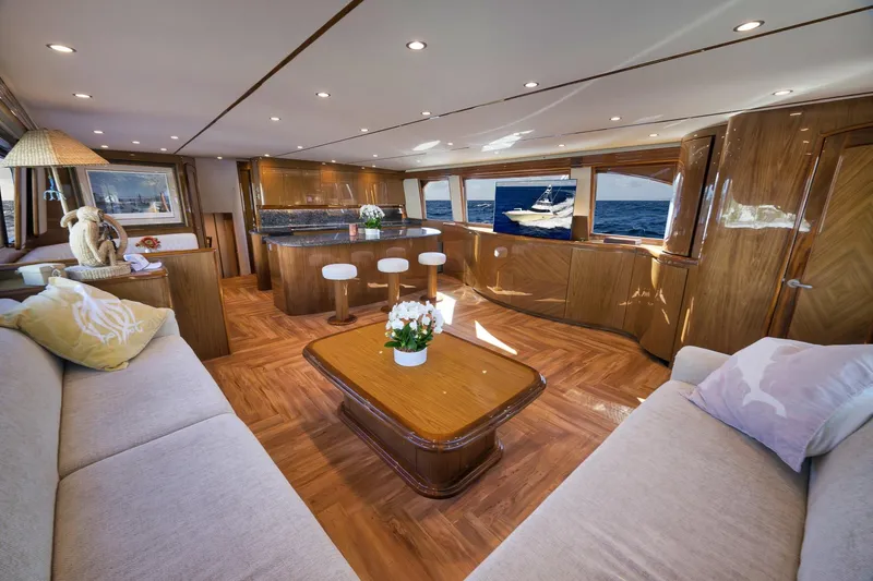 Slide: The Image of Luxurious interior of 2010 Viking 82 Convertible yacht with elegant wood finishes and ocean view. - 43