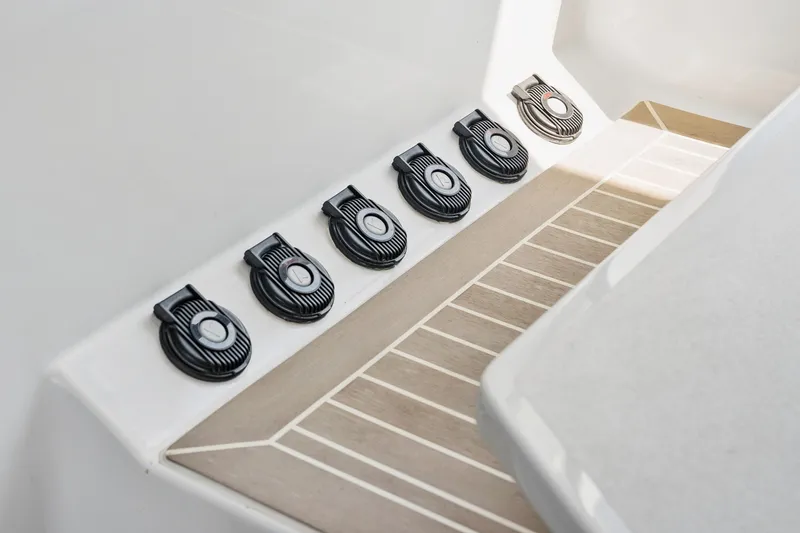 Slide: The Image of 2024 St Francis 460 yacht deck with black fixtures and sleek design. - 105