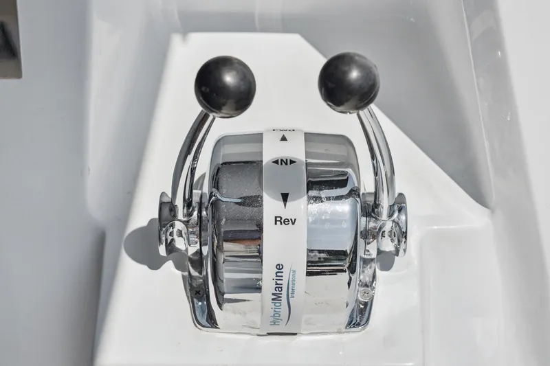 Slide: The Image of Dual throttle controls on 2024 St Francis 460 yacht, featuring Hybrid Marine technology. - 111