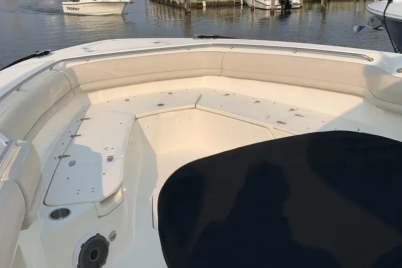 Slide: The Image of 2019 Boston Whaler 380 Outrage boat interior with spacious seating and sleek design. - 33