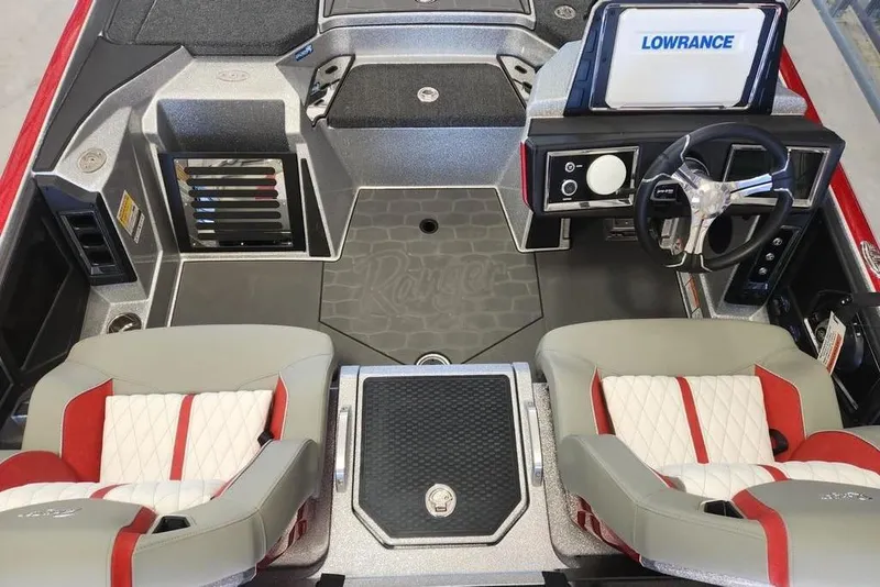 Slide: The Image of 2026 Ranger Z520R Cup-Equipped boat interior with advanced controls and seating. - 6