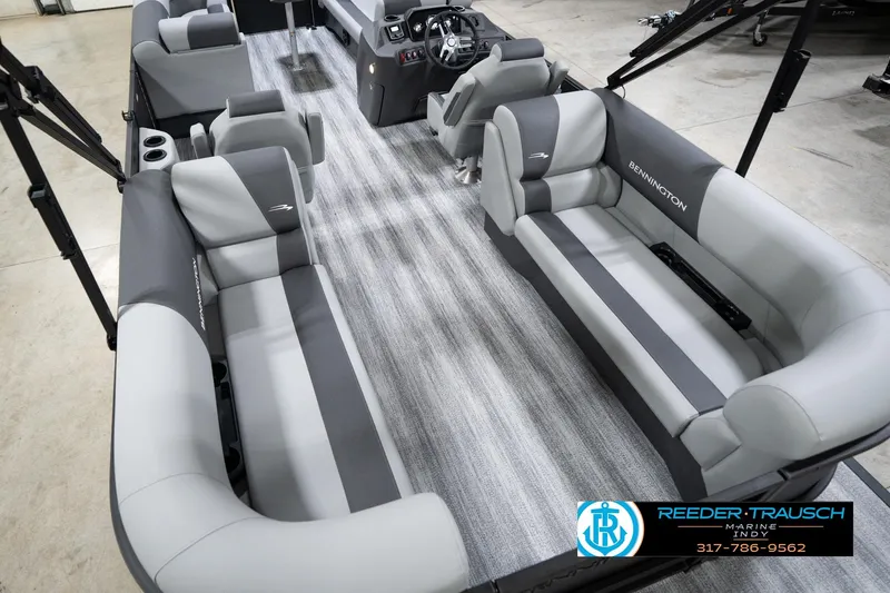 Slide: The Image of 2026 Bennington 23 SSR pontoon boat interior with gray seating and modern design. - 14