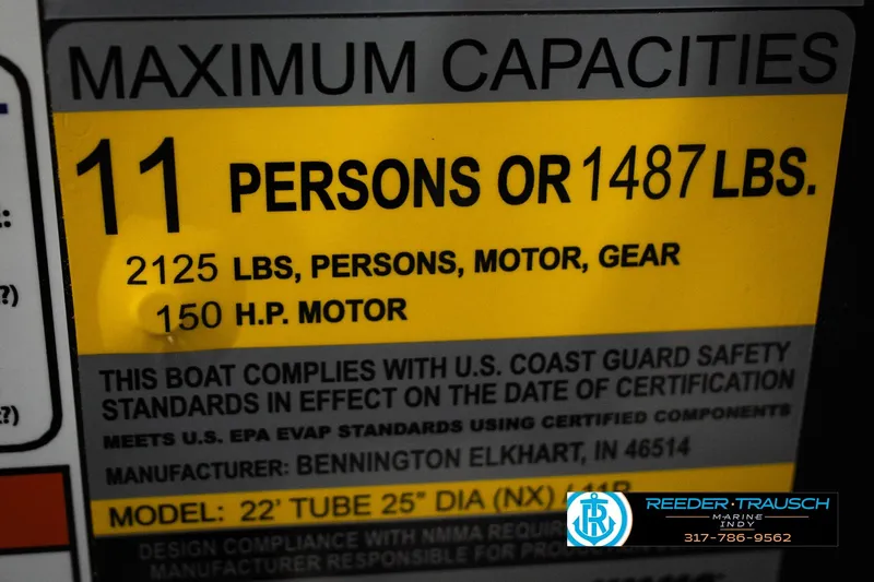 Slide: The Image of 2026 Bennington 23 SSR capacity label: 11 persons, 1487 lbs, 150 HP motor compliance. - 59