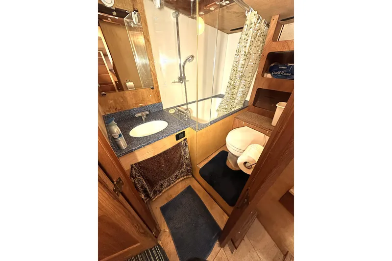 Slide: The Image of Bathroom interior of 1971 Southern Marine MALAHIDE Pilothouse LRC with shower and sink. - 10