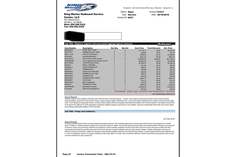 Slide: The Image of Invoice for King Marine Outboard Service, detailing engine replacement for 1999 Formula 400 Super Sport. - 40