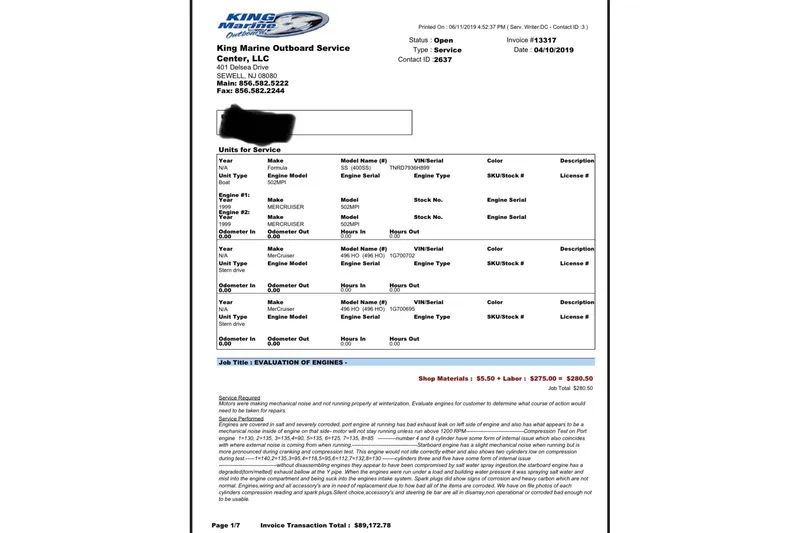 Slide: The Image of Service invoice for 1999 Formula 400 Super Sport boat engine evaluation. - 46
