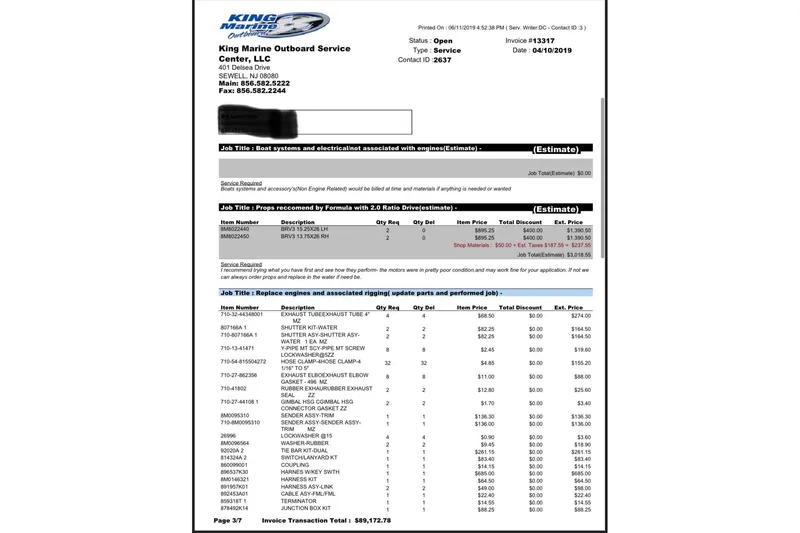 Slide: The Image of Invoice for boat service and parts replacement at King Marine Outboard Service. - 49