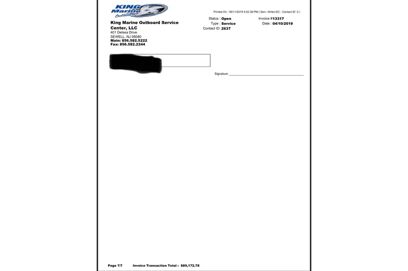 Slide: The Image of Invoice from King Marine Outboard Service Center, dated 04/10/2019, total $89,172.78. - 50