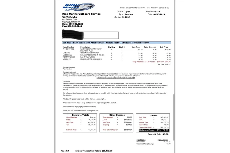 Slide: The Image of Invoice for King Marine Outboard Service, detailing paint job on 1999 Formula 400 Super Sport. - 51