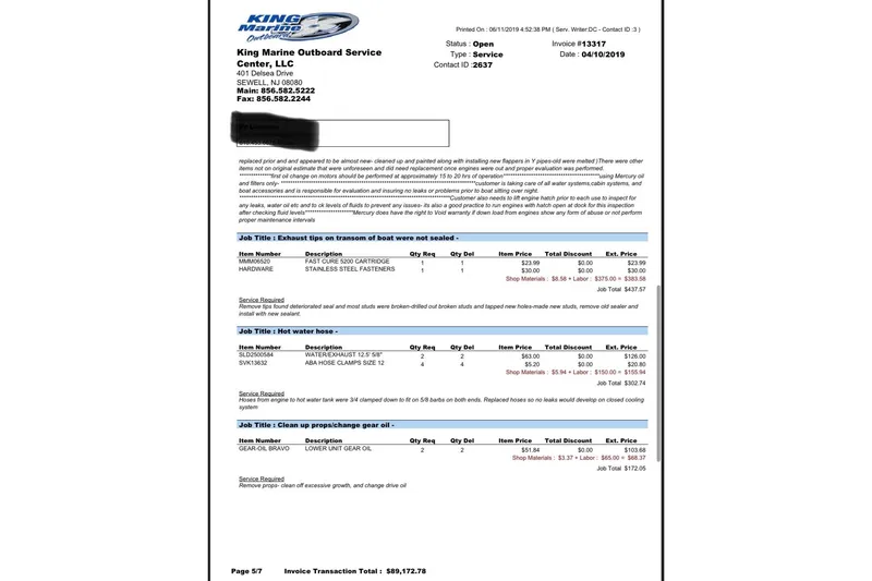 Slide: The Image of Invoice for King Marine Outboard Service, detailing repairs for a 1999 Formula 400 Super Sport. - 52