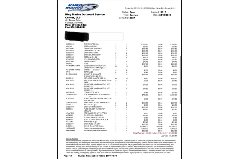 Slide: The Image of Invoice for King Marine Outboard Service, detailing parts and labor for a 1999 Formula 400 Super Sport. - 53