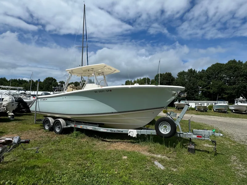 The Image of 2013 Cobia 296 Center Console boat on trailer under cloudy sky. - 0