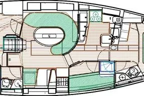 Slide: The Image of Floor plan of a 2011 Tartan 4700 yacht, featuring detailed interior layout. - 66