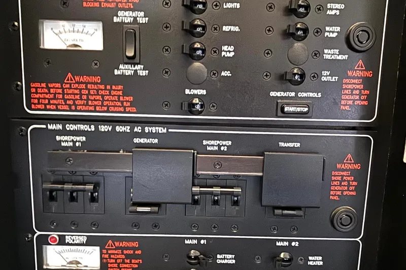 Slide: The Image of Control panel of a 2006 Formula 400 Super Sport Crossover boat, featuring various switches and warnings. - 58