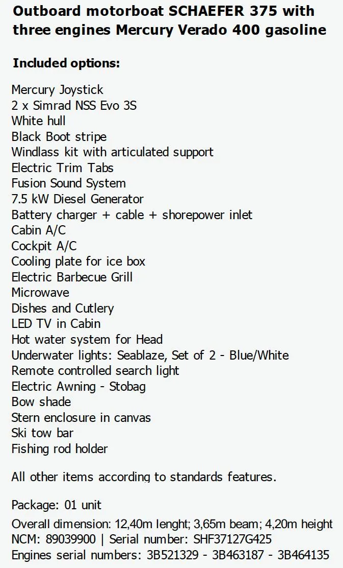 Slide: The Image of Outboard motorboat Schaefer 375, 2025 model, features Mercury Verado engines and luxury amenities. - 11