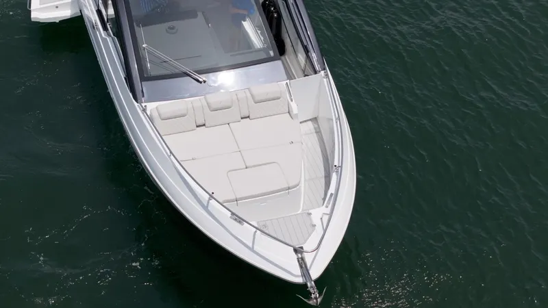 Slide: The Image of Aerial view of 2025 Schaefer 375 yacht on water, showcasing sleek design and spacious deck. - 34