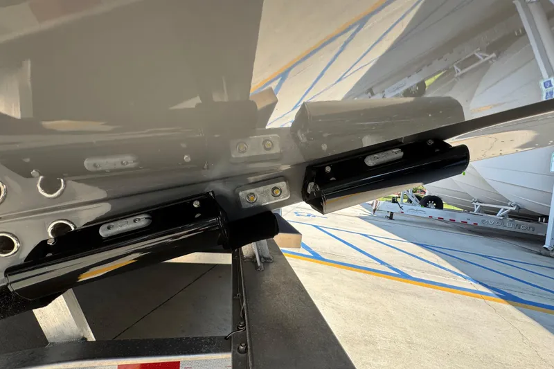 Slide: The Image of 2026 Yellowfin 39 Offshore boat hull and trim tabs on trailer. - 20