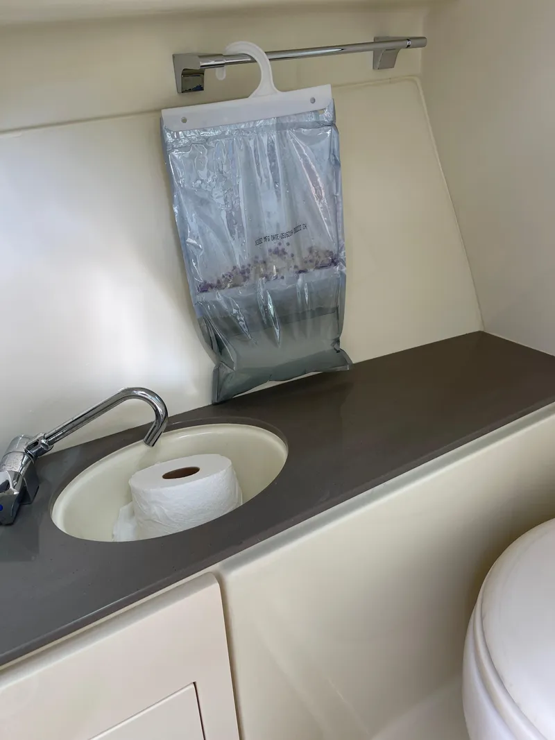 Slide: The Image of Chris-Craft 28 Launch GT 2021 boat bathroom with sink, toilet paper, and dehumidifier bag. - 26