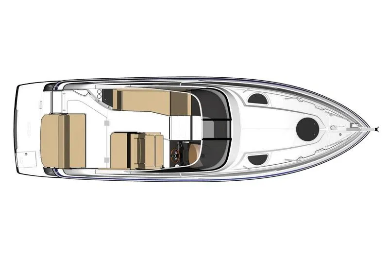 Slide: The Image of Top view of 2019 Regal 28 Express boat layout, featuring seating and cabin areas. - 11