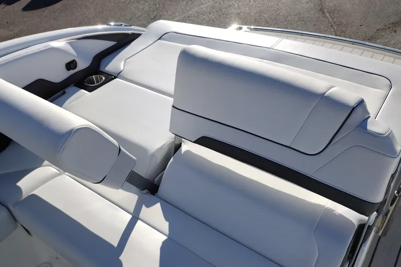 Slide: The Image of Luxurious seating on 2026 Formula 310 Bowrider boat, featuring sleek white upholstery. - 63