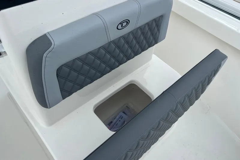 Slide: The Image of 2026 Defiance CATALINA 190 boat seat with quilted gray upholstery. - 16