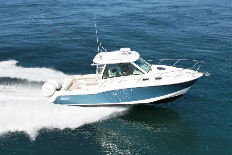 The Image of 2018 Boston Whaler 315 Conquest cruising on open water, side view. - 0