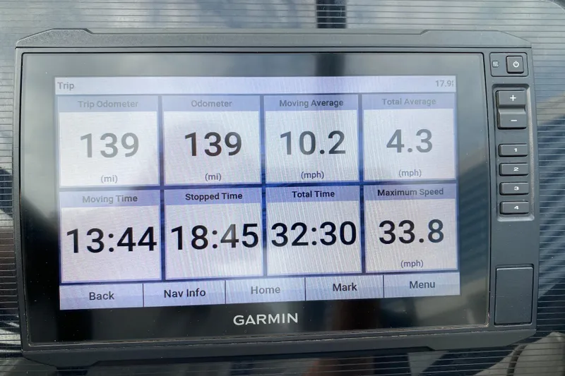 Slide: The Image of Garmin display showing trip data for 2024 Manitou 22 MAX Explore Navigator Stealth. - 13