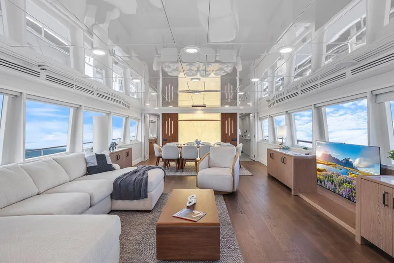Slide: The Image of Luxurious interior of 2011 Mengi Yay 115 MY yacht with modern furnishings and panoramic windows. - 39
