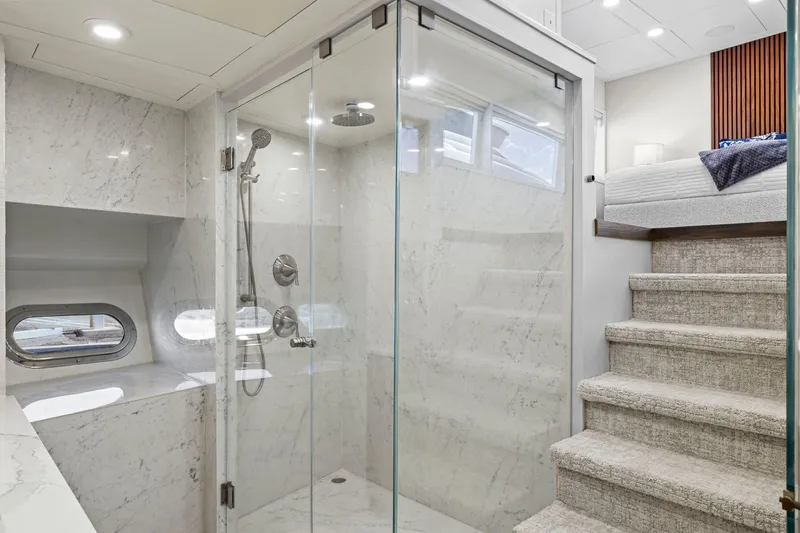 Slide: The Image of Luxurious yacht interior with marble shower and carpeted stairs, Mengi Yay 115 MY, 2011. - 58