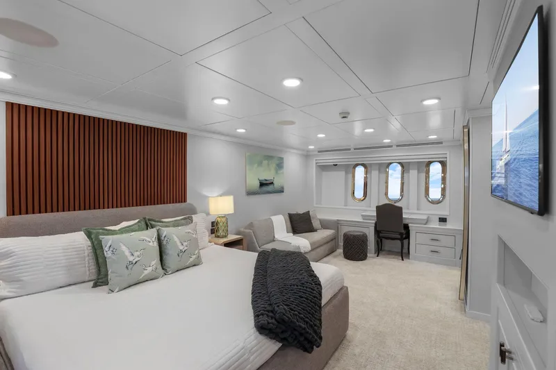 Slide: The Image of Luxurious bedroom interior of 2011 Mengi Yay 115 MY yacht with elegant decor and ocean view. - 69
